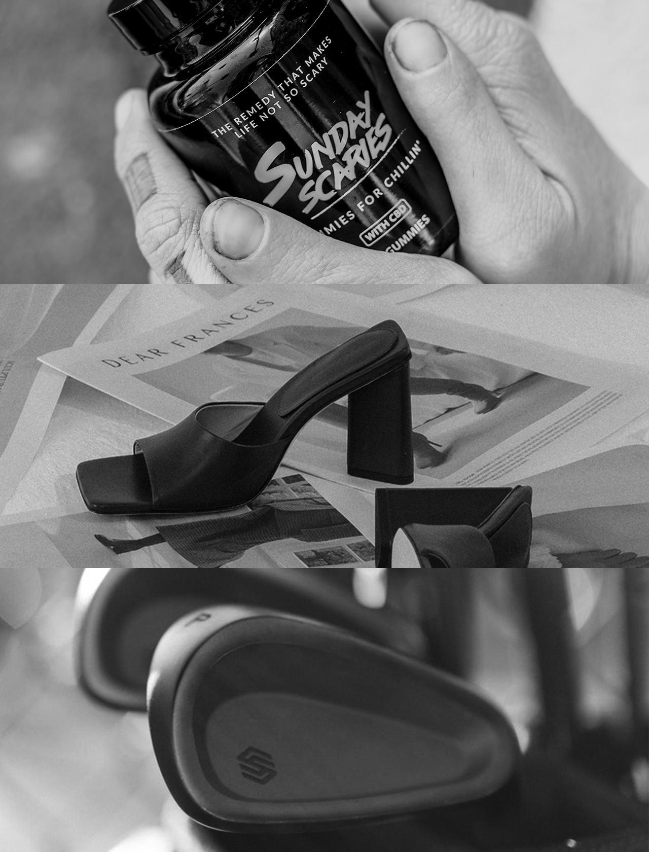 Photos of golf clubs, womens shoes and a bottle of CBD gummies, highlighting my client's products.